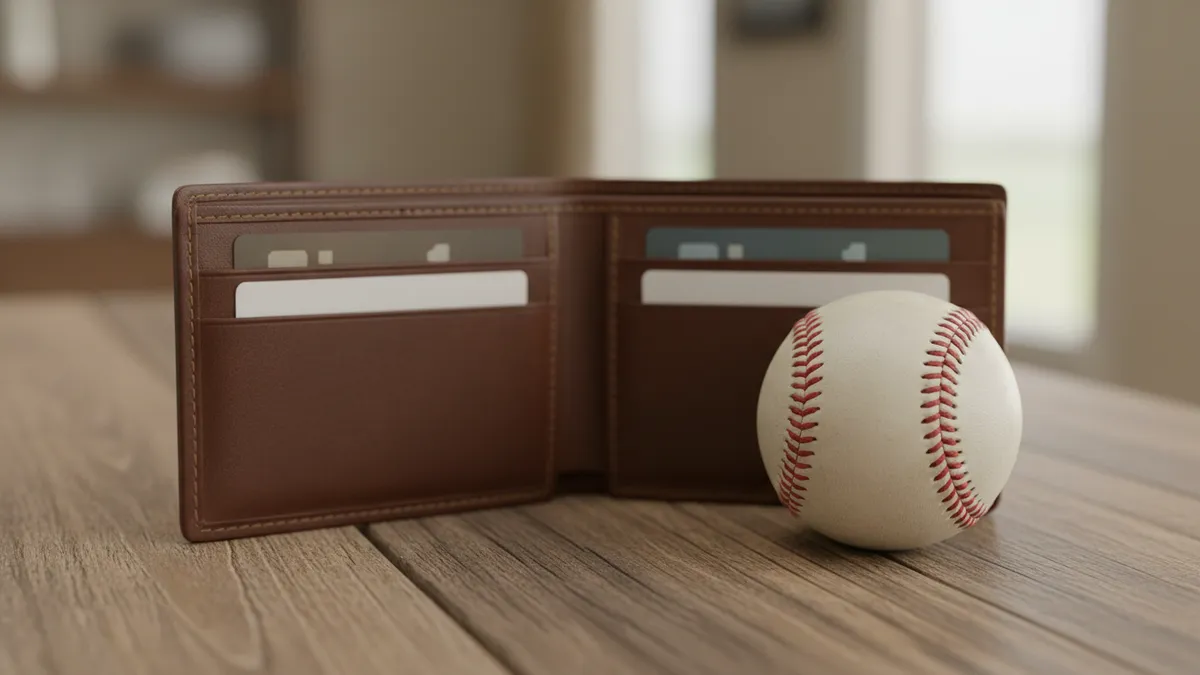 Billetera con tarjeta bancaria y una pelota de béisbol, sobre una mesa de madera.
