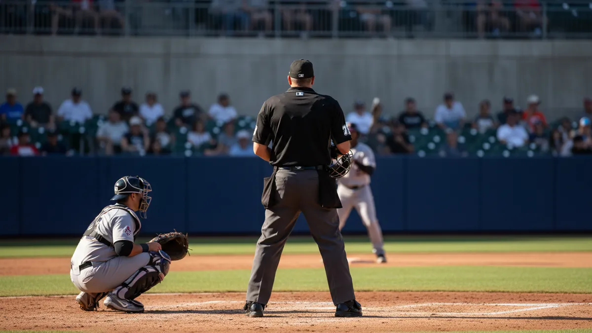 Un árbitro de béisbol de la MLB en acción, visto desde atrás.