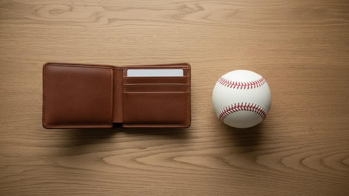 Billetera con tarjeta y pelota de béisbol de la MLB sobre mesa.