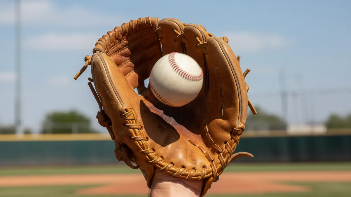 Un guante de béisbol atrapando una pelota, congelado en movimiento, en primer plano.