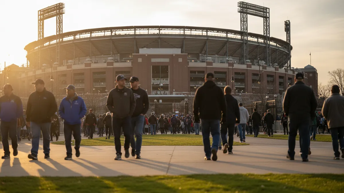 Aficionados de la MLB caminan hacia las puertas del estadio al atardecer.