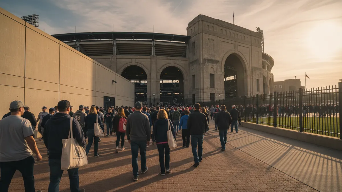 Aficionados de la MLB caminando hacia las puertas del estadio al anochecer.