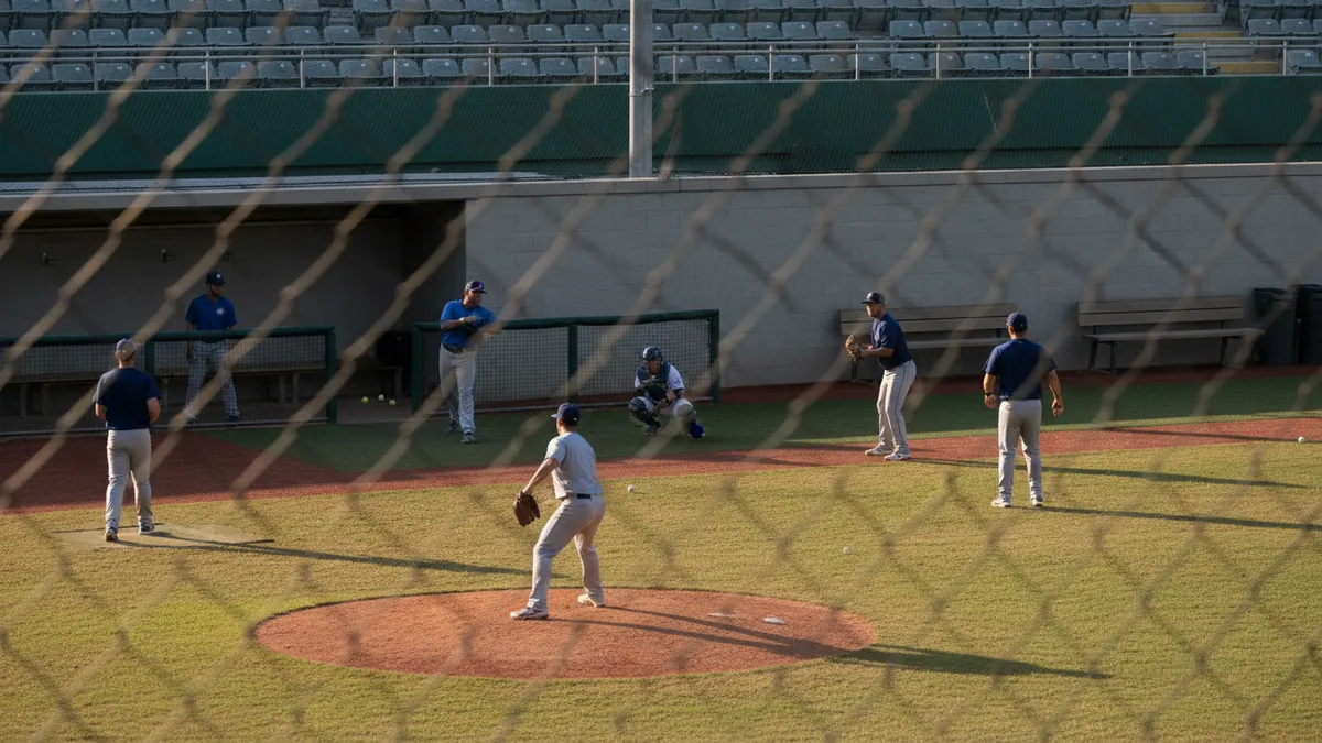 Bullpen de béisbol con lanzadores de relevo calentando tras una cerca.