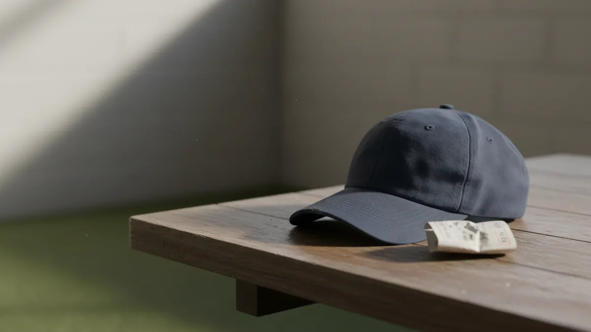 Un boleto de béisbol usado y una gorra sobre una mesa de madera.