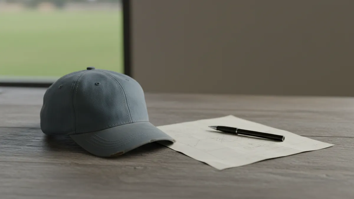 Una gorra de béisbol y un papel con anotaciones en una mesa de madera.