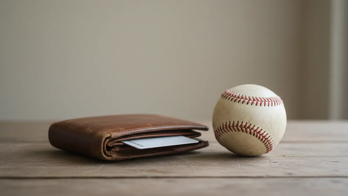 Billetera con tarjeta bancaria junto a una pelota de béisbol en una mesa.