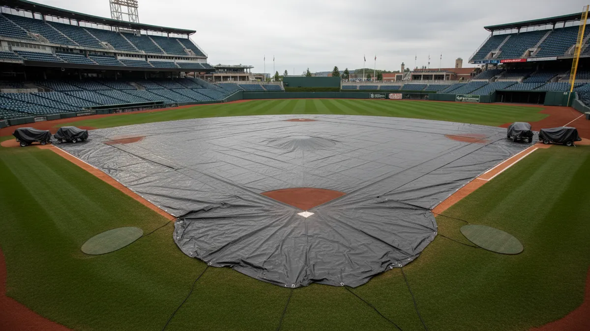 Un campo de béisbol de la MLB cubierto por una lona bajo un cielo nublado.