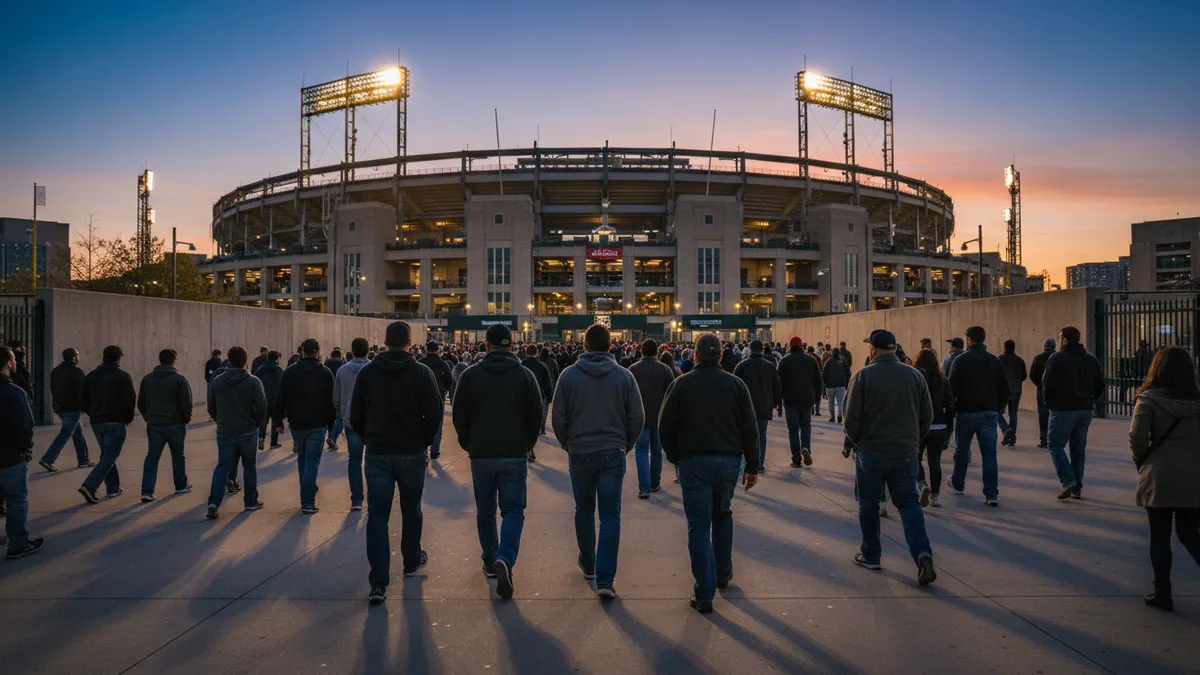 Aficionados de la MLB caminando hacia el estadio al anochecer.