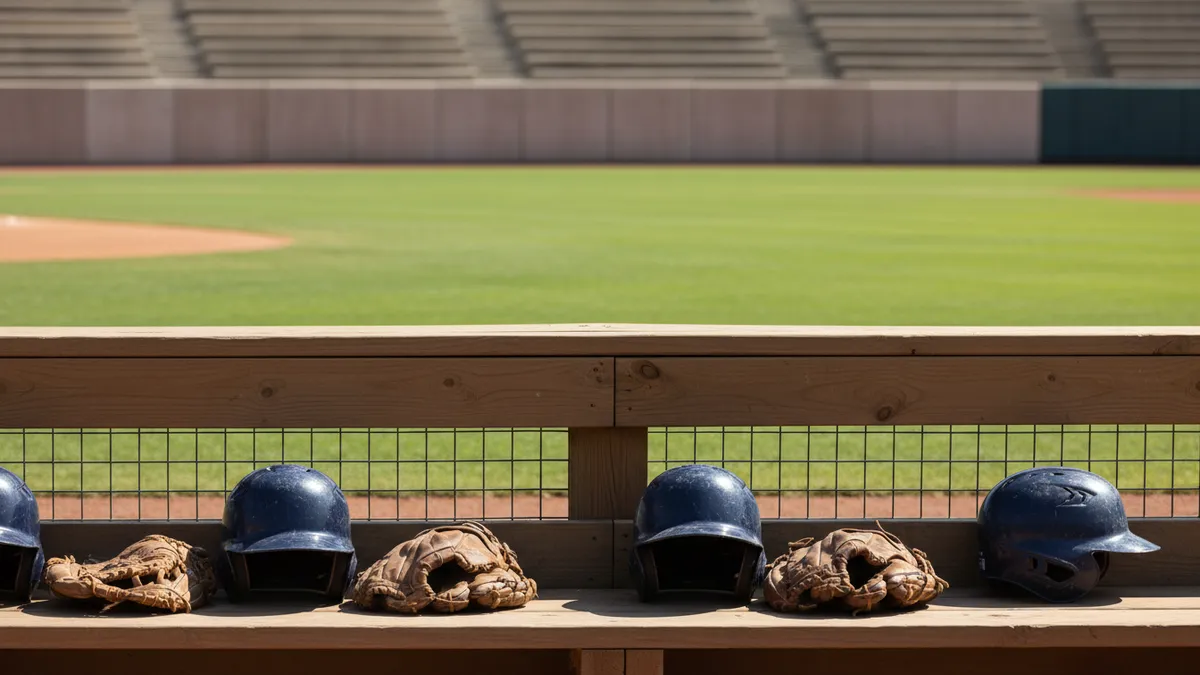Cascos y guantes de béisbol en el banquillo de un dugout de la MLB.