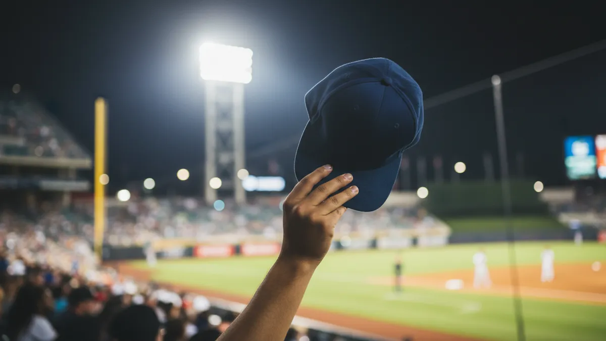 Gorras de béisbol de la MLB levantadas en las gradas del estadio.