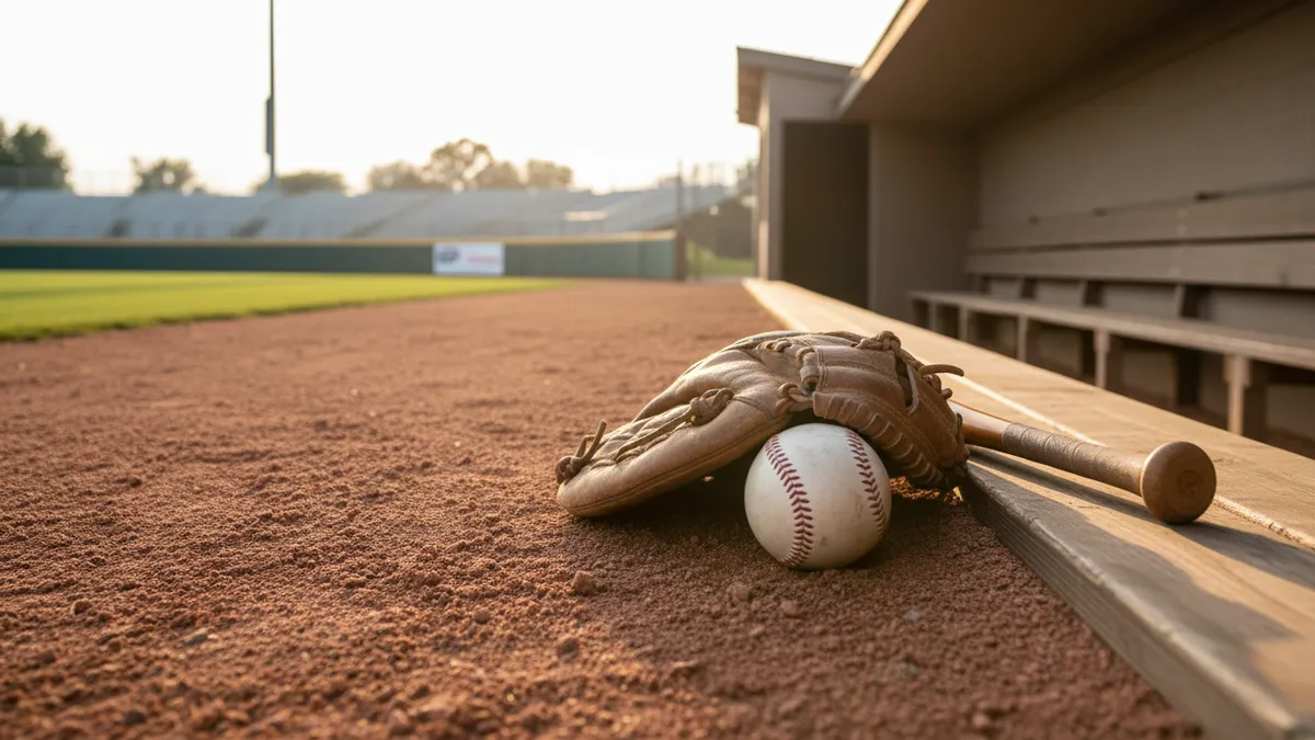 Bate, guante y pelota en el campo de béisbol, listos para la MLB.