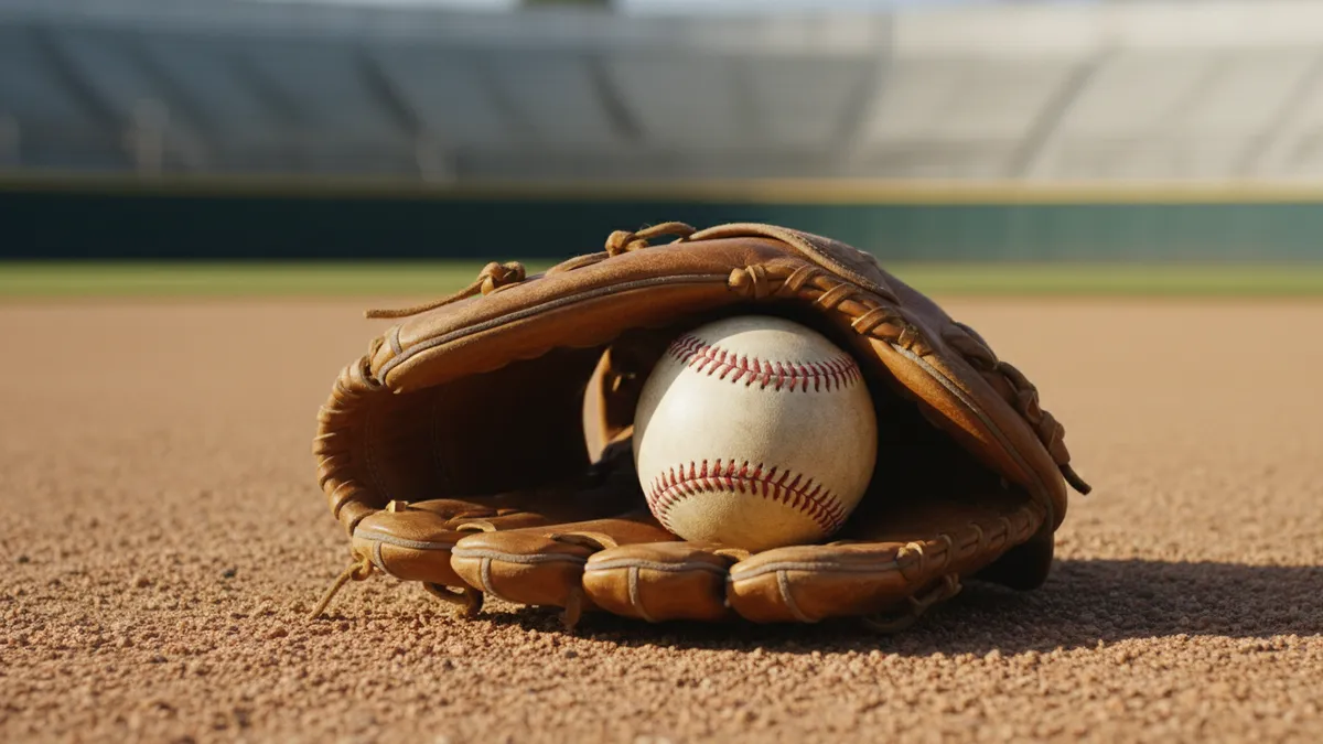 Un guante de béisbol y una pelota descansando en la tierra del campo.