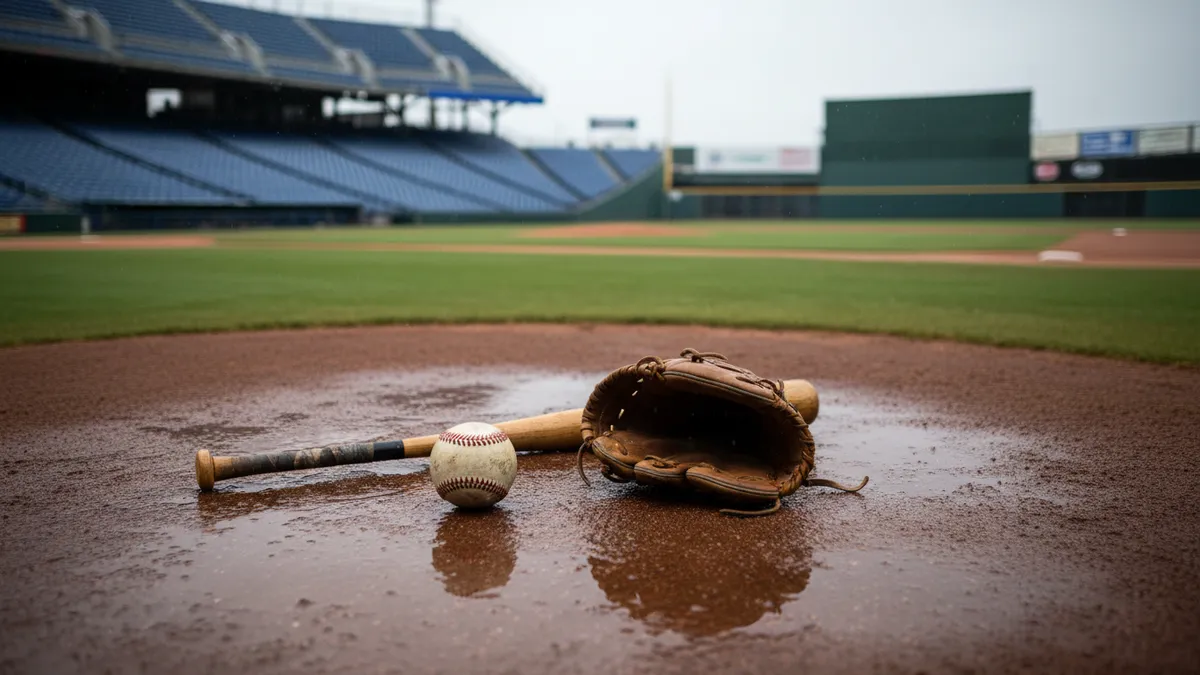 Un bate, una manopla y una pelota de béisbol en el campo de MLB mojado.