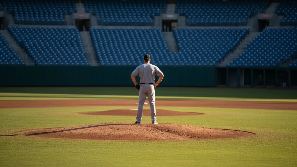 Un lanzador de MLB en el montículo, visto desde atrás, esperando.