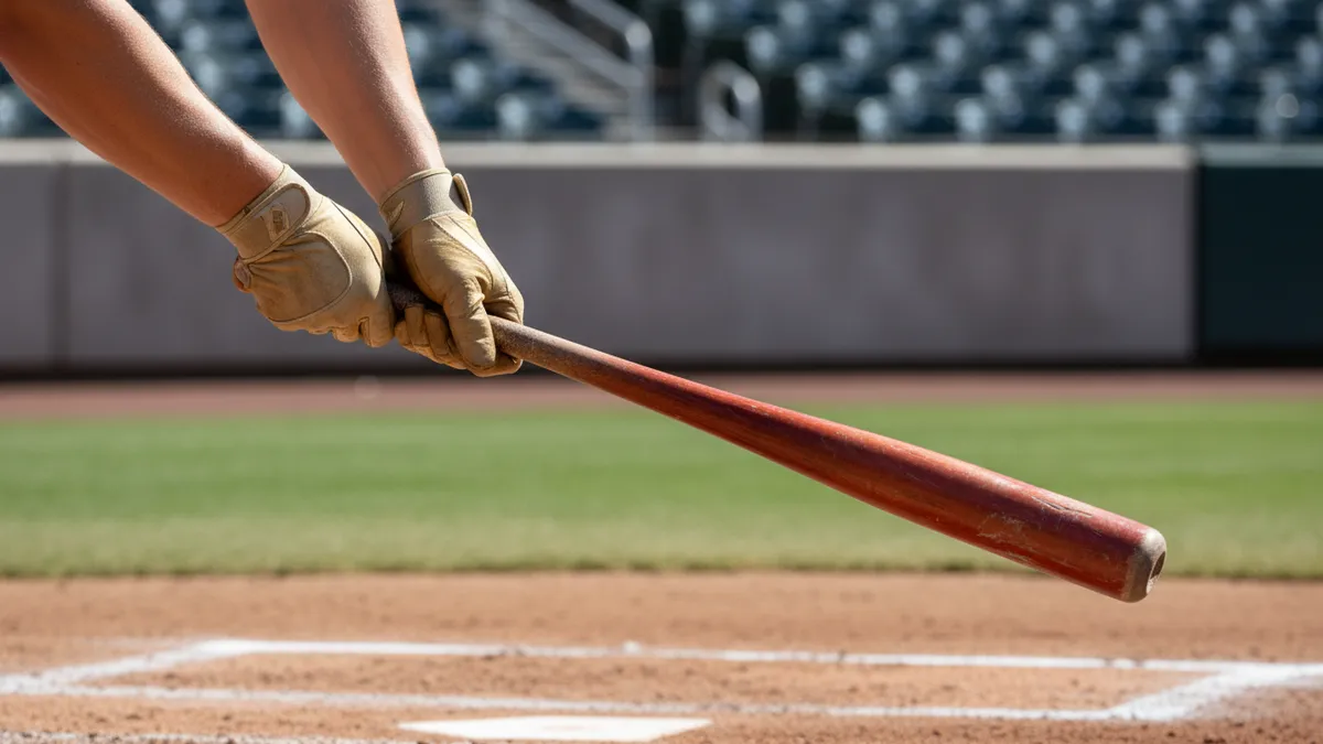 Manos de un jugador de béisbol sujetando un bate de madera en el plato.