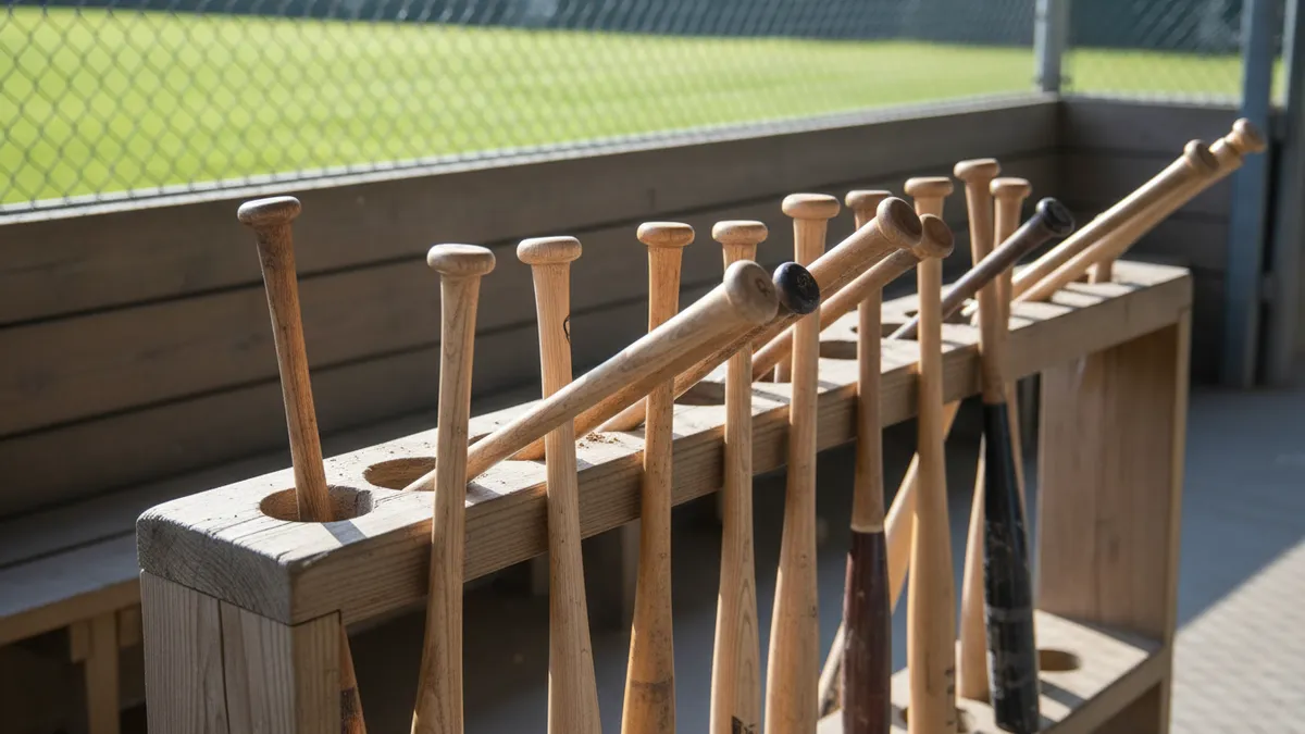 Un estante de bates de béisbol en el dugout, listo para la temporada de la MLB.
