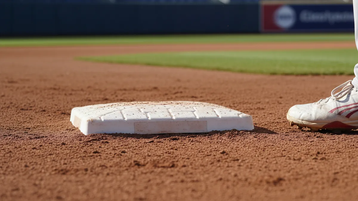 El home plate en la tierra con un zapato de jugador al lado.