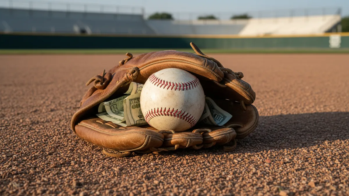 Béisbol, guante y billetes en el suelo.