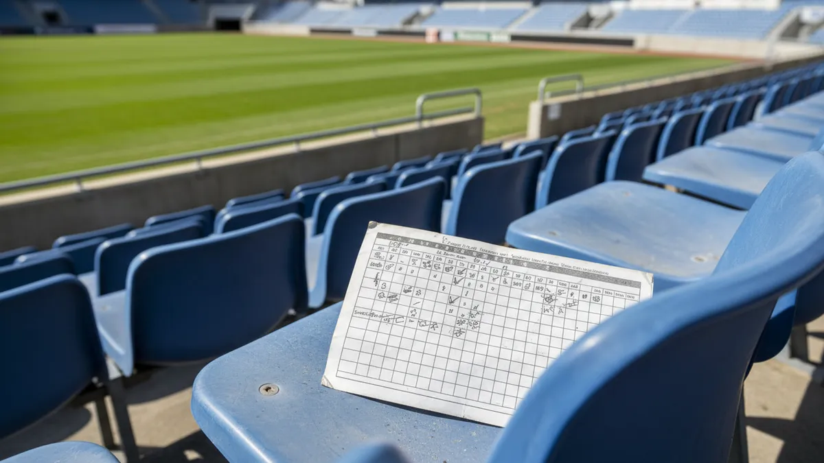 Cuaderno de anotaciones con marcas de lápiz en un asiento de béisbol.