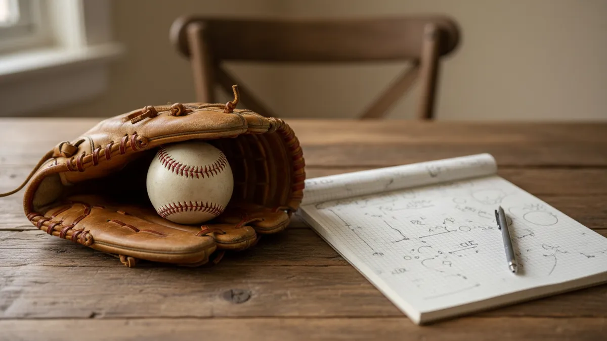 Un guante y una pelota de béisbol, y un cuaderno con anotaciones