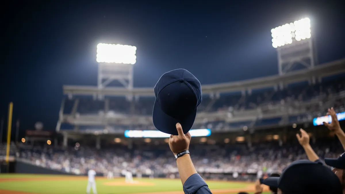 Una gorra de béisbol en alto en un estadio de la MLB.