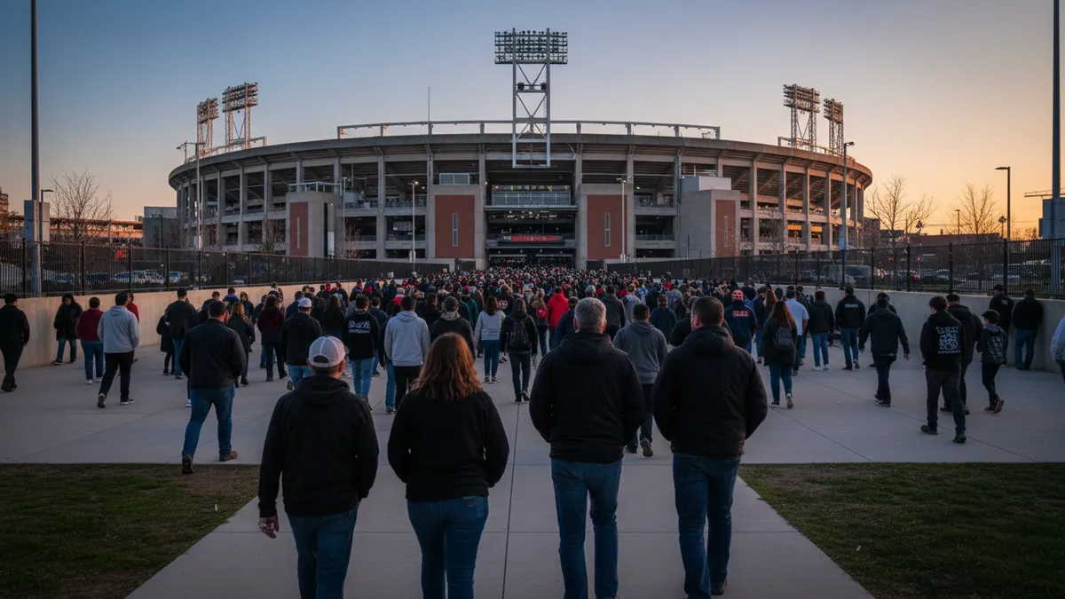 Aficionados de béisbol caminando hacia la entrada del estadio antes de un partido.