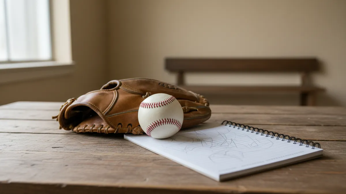 Un guante de béisbol y una pelota junto a un cuaderno con anotaciones.