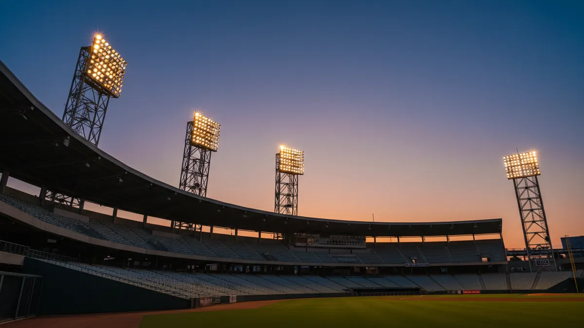 Los focos de un estadio de béisbol de la MLB al anochecer.