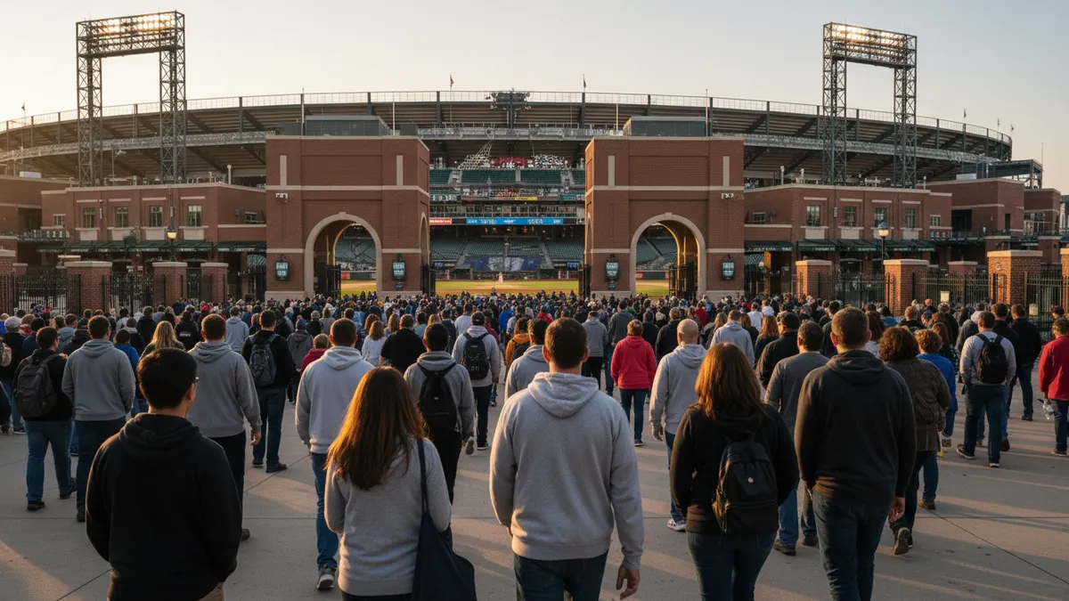 Aficionados de la MLB caminando hacia las puertas del estadio al atardecer.