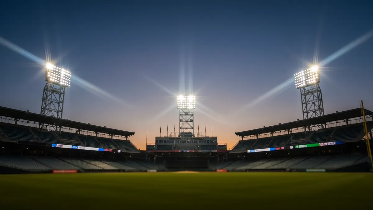 Las luces del estadio de béisbol de la MLB al anochecer.
