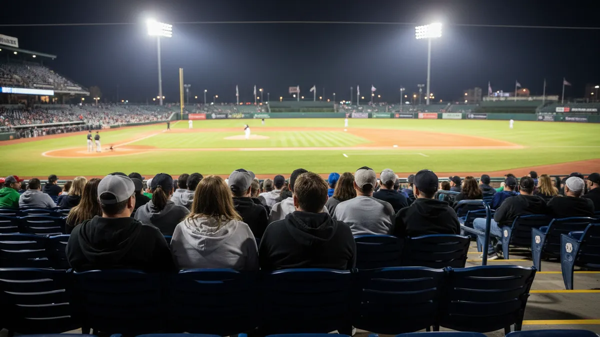 Aficionados de béisbol en las gradas de noche, bajo los focos
